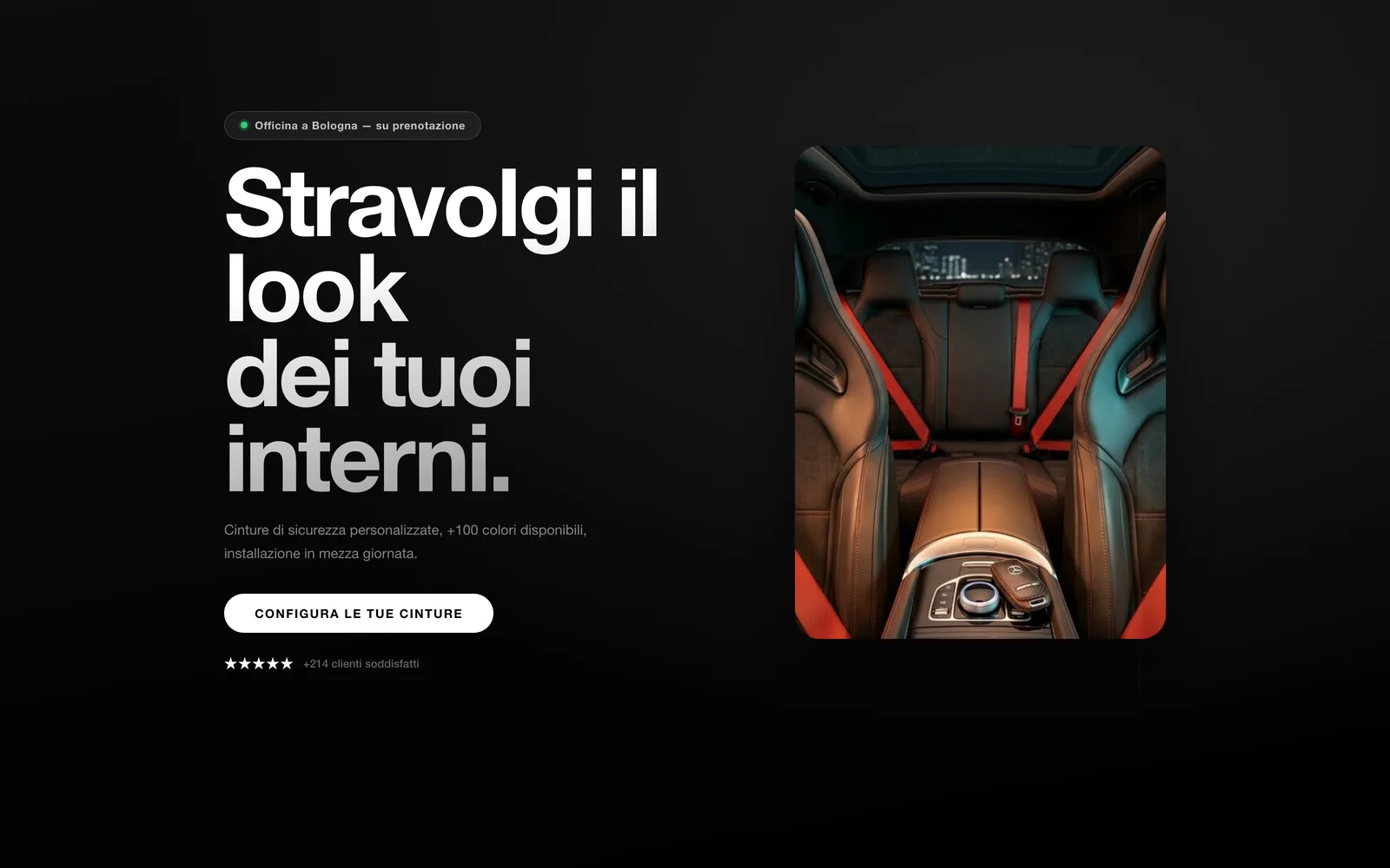 Landing page di Rebelt, personalizzazione cinture auto sportive